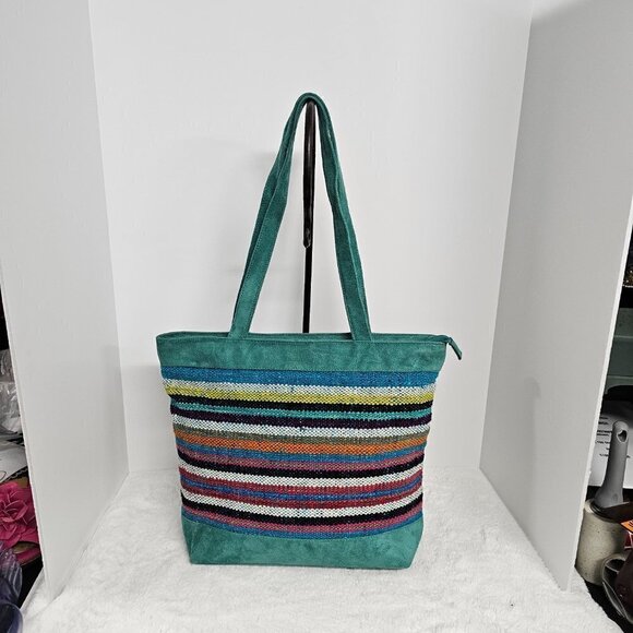 Sumac Qhantaty Green Serape Tapestry Faux Suede Boho Southwestern Tote - Picture 3 of 15